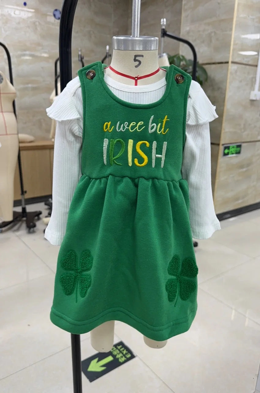 Baby Spring Clothes Solid Ribbed Long Sleeve Romper Letter Shamrock Embroidery Overalls Dress 2 Pcs Irish Outfits